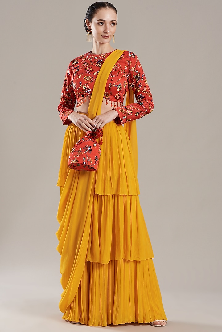 Yellow Georgette Layered Saree Set by DiyaRajvvir