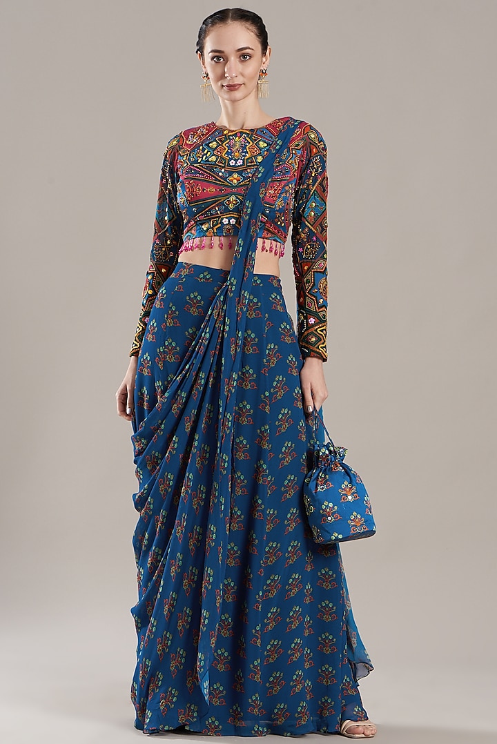 Blue Georgette Digital Printed Sharara Saree Set by DiyaRajvvir at Pernia's Pop Up Shop