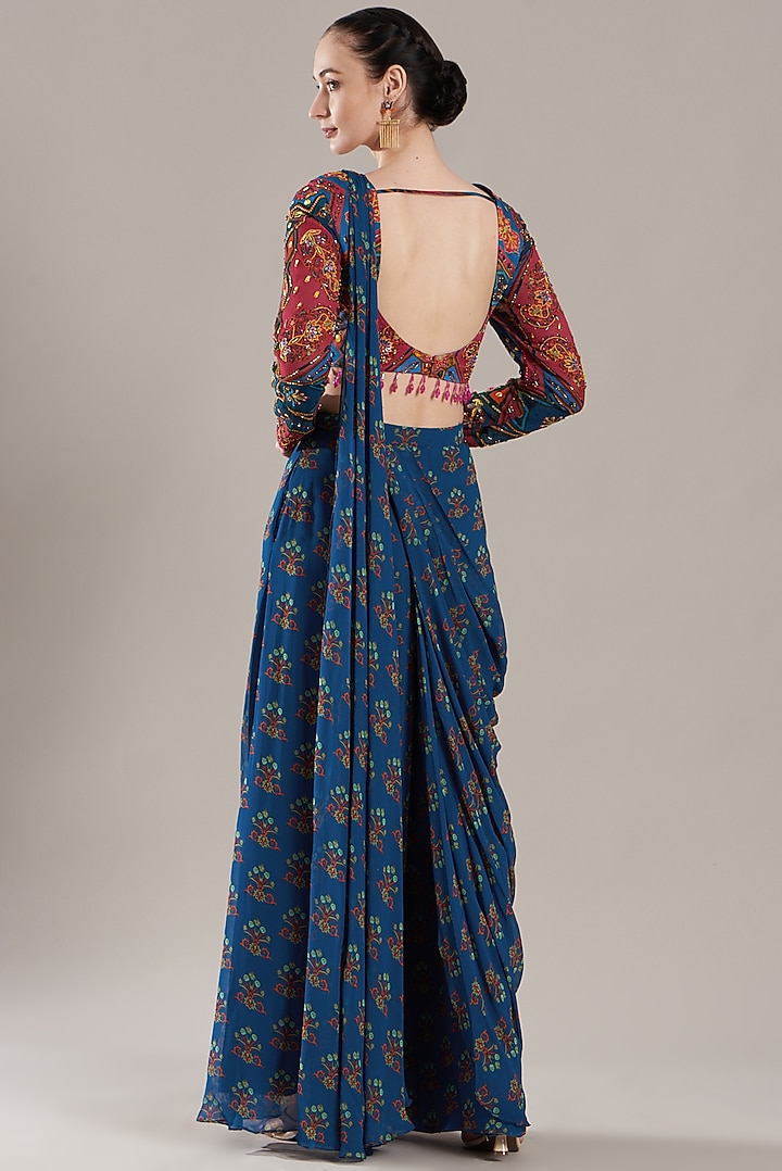 Blue Georgette Digital Printed Sharara Wedding Saree Set by DiyaRajvvir at Pernia's Pop Up Shop