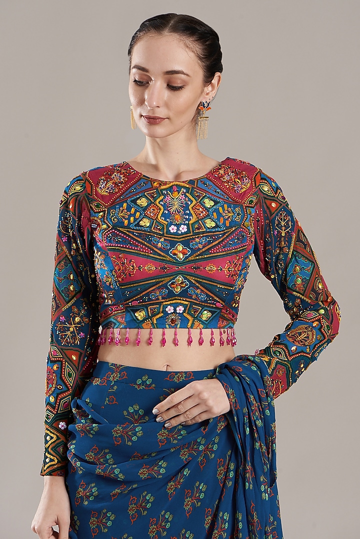 Blue Georgette Digital Printed Sharara Wedding Saree Set by DiyaRajvvir at Pernia's Pop Up Shop
