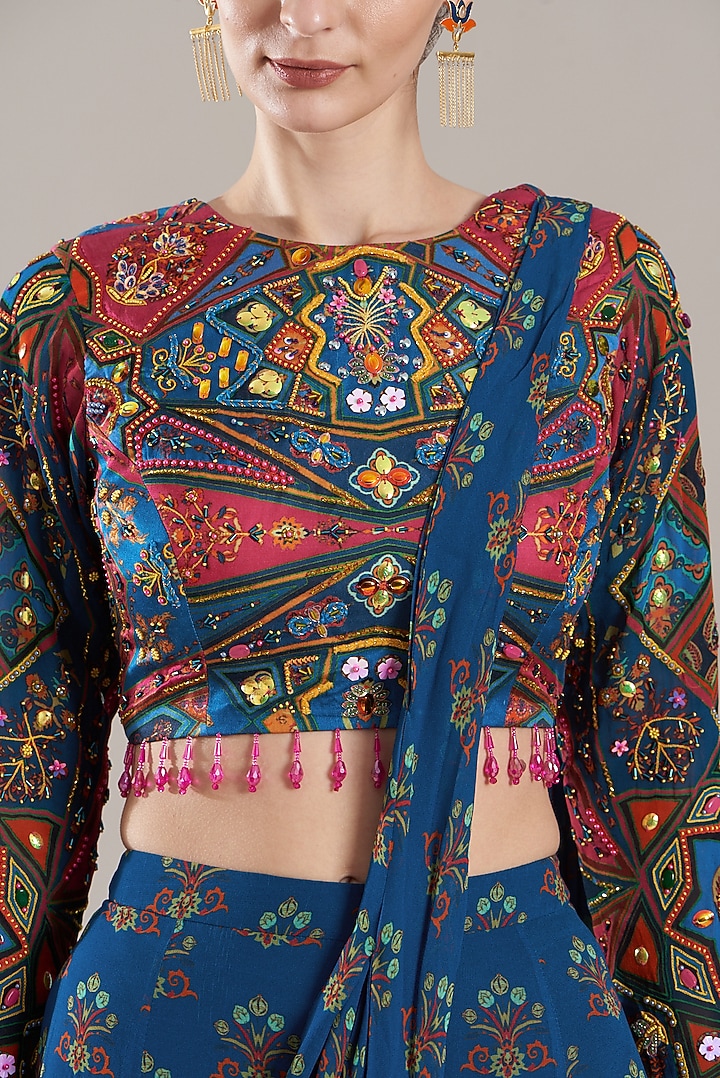 Blue Georgette Digital Printed Sharara Wedding Saree Set by DiyaRajvvir at Pernia's Pop Up Shop