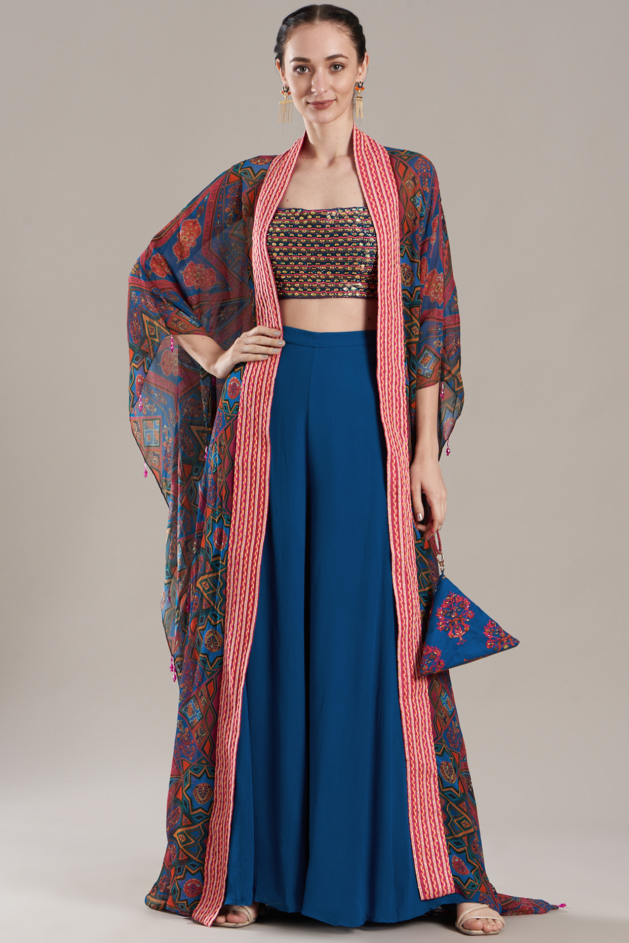 Teal & Fuchsia Printed Cape Set by DiyaRajvvir at Pernia's Pop Up Shop