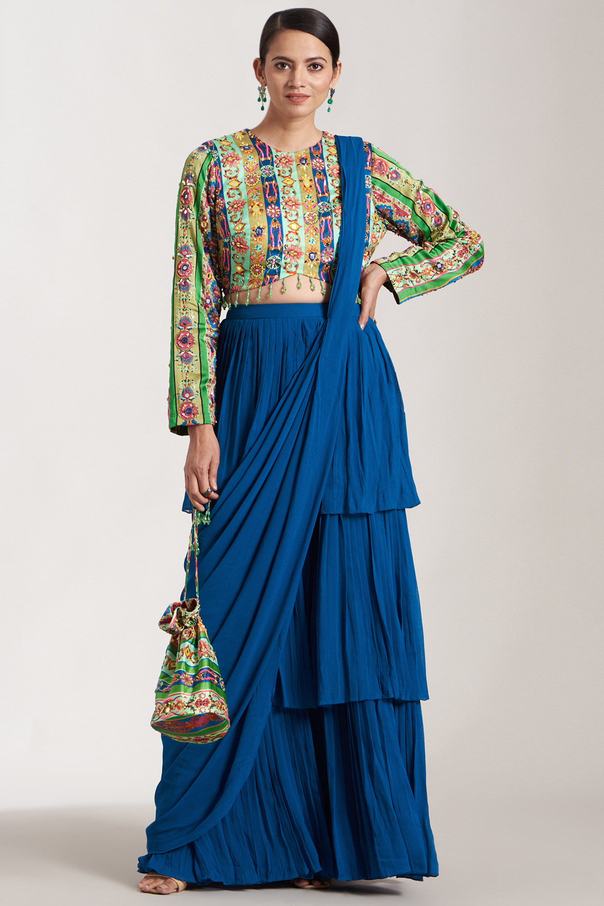 Blue Georgette Layered Wedding Saree Set by DiyaRajvvir at Pernia's Pop Up Shop