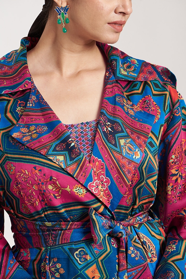 Teal & Fuchsia Printed Trench Coat Set by DiyaRajvvir at Pernia's Pop Up Shop