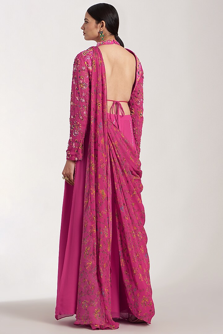 Fuchsia Georgette & Moodal Floral Printed Sharara Wedding Saree Set by DiyaRajvvir at Pernia's Pop Up Shop