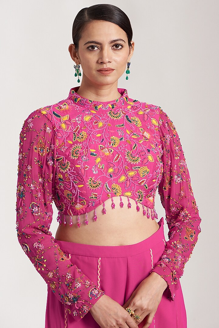 Fuchsia Georgette & Moodal Floral Printed Sharara Wedding Saree Set by DiyaRajvvir at Pernia's Pop Up Shop