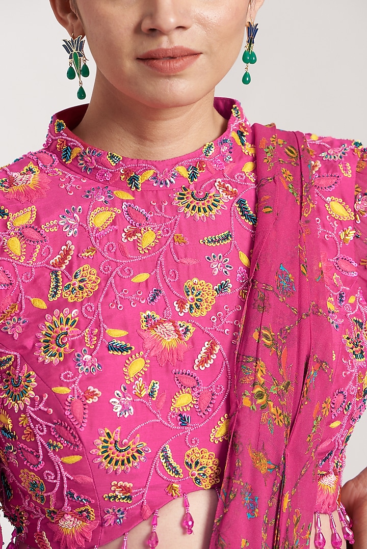 Fuchsia Georgette & Moodal Floral Printed Sharara Wedding Saree Set by DiyaRajvvir at Pernia's Pop Up Shop