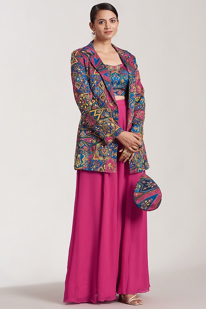 Teal & Fuchsia Pink Printed Blazer Set by DiyaRajvvir at Pernia's Pop Up Shop