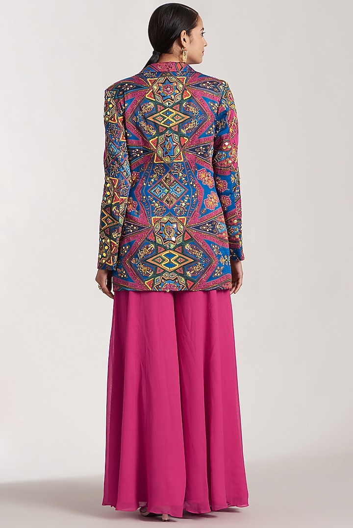 Teal & Fuchsia Pink Printed Blazer Set by DiyaRajvvir at Pernia's Pop Up Shop