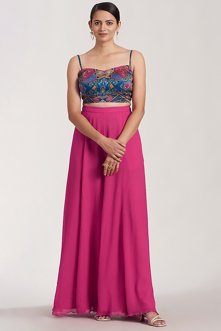 Teal & Fuchsia Pink Printed Blazer Set by DiyaRajvvir at Pernia's Pop Up Shop