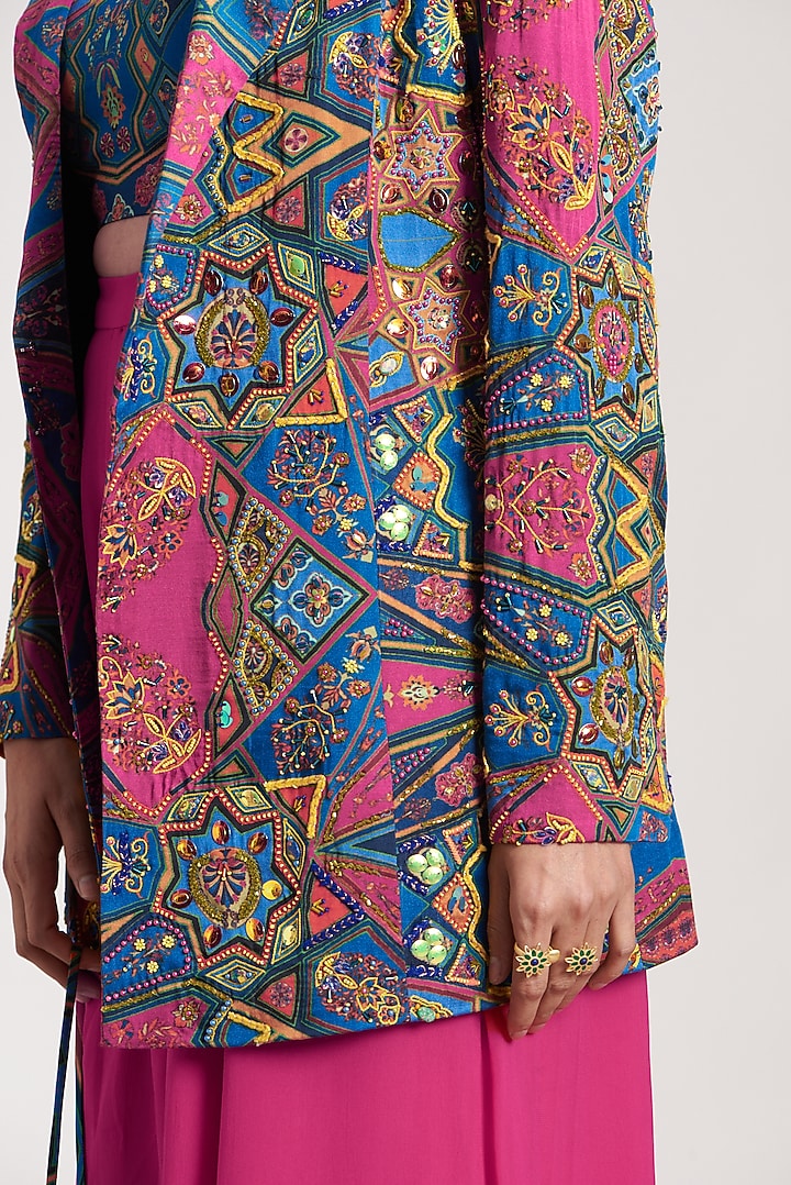 Teal & Fuchsia Pink Printed Blazer Set by DiyaRajvvir at Pernia's Pop Up Shop
