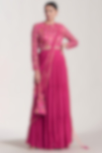 Fuchsia Georgette Sharara Wedding Saree Set by DiyaRajvvir at Pernia's Pop Up Shop