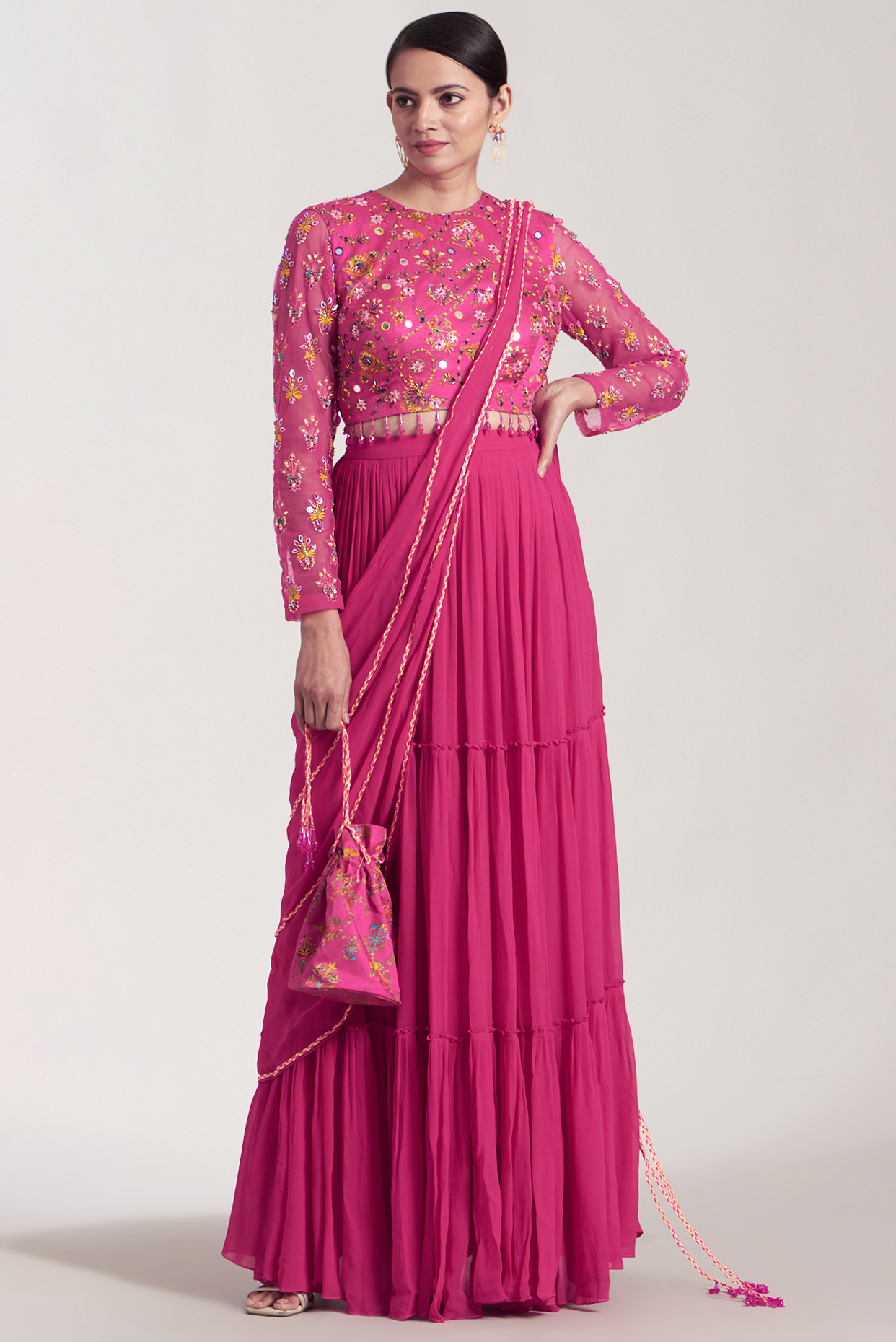 Fuchsia Georgette Sharara Wedding Saree Set by DiyaRajvvir at Pernia's Pop Up Shop