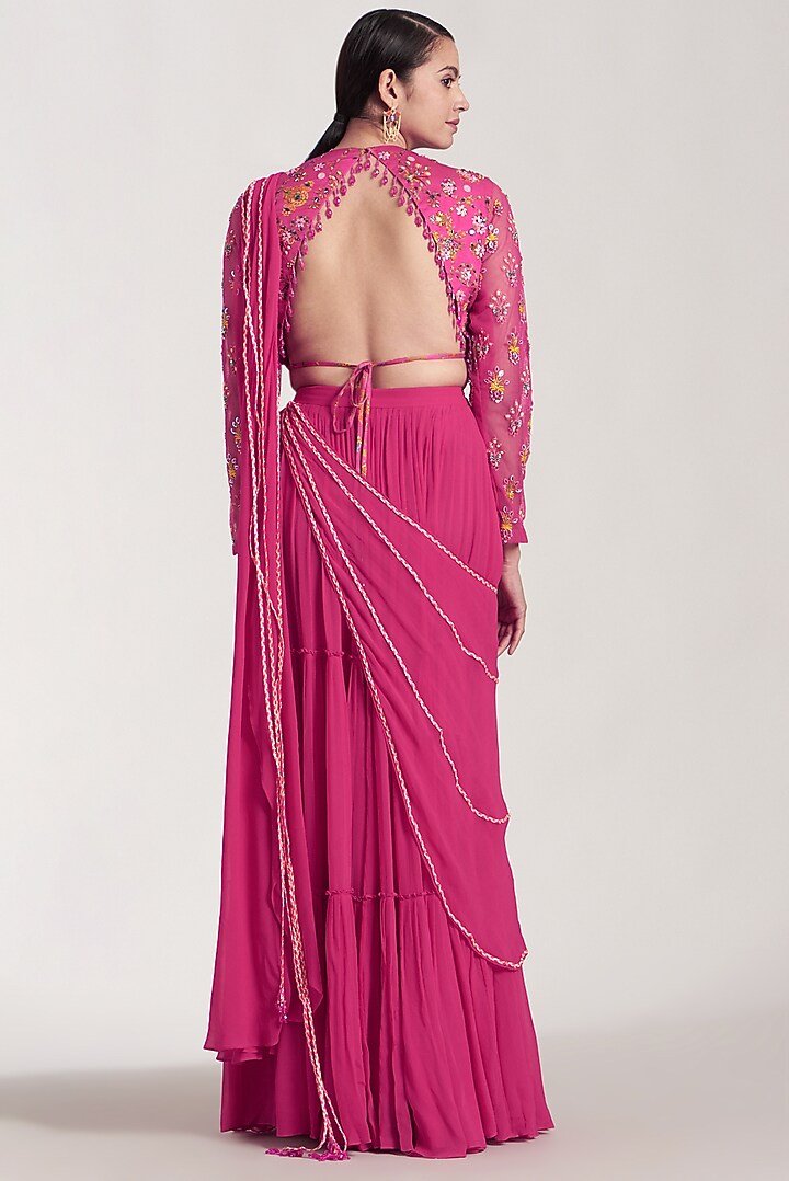 Fuchsia Georgette Sharara Wedding Saree Set by DiyaRajvvir at Pernia's Pop Up Shop