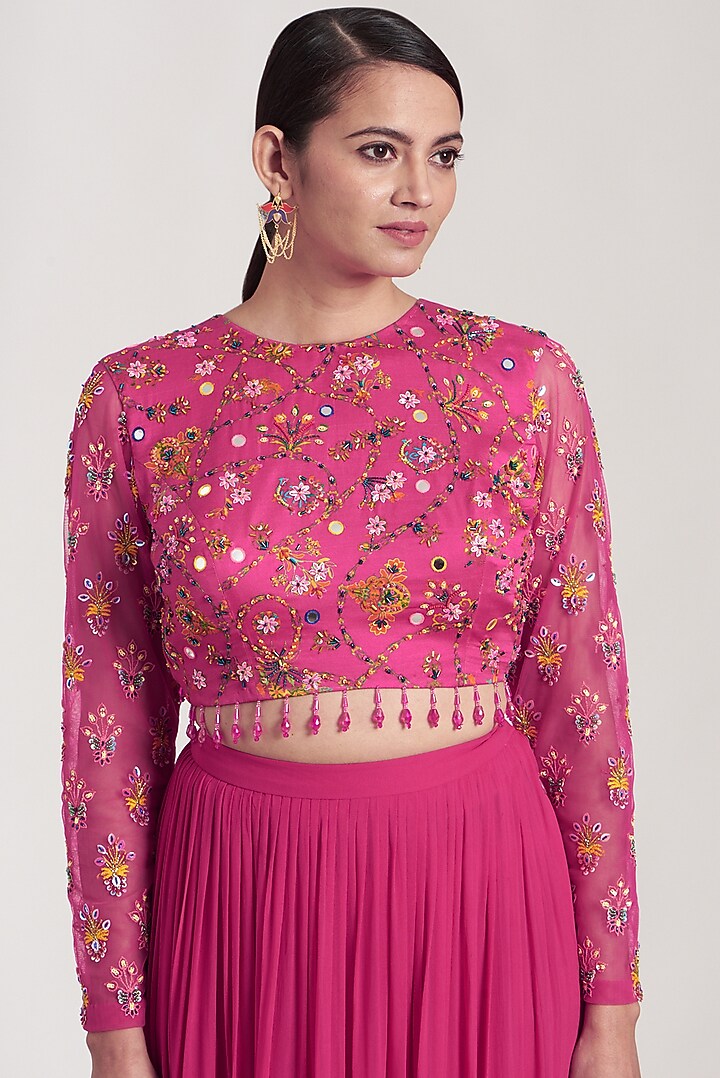 Fuchsia Georgette Sharara Wedding Saree Set by DiyaRajvvir at Pernia's Pop Up Shop
