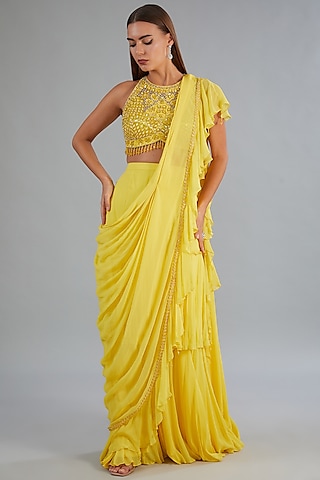 Yellow Tulle & Georgette Lehenga Saree Set by DiyaRajvvir