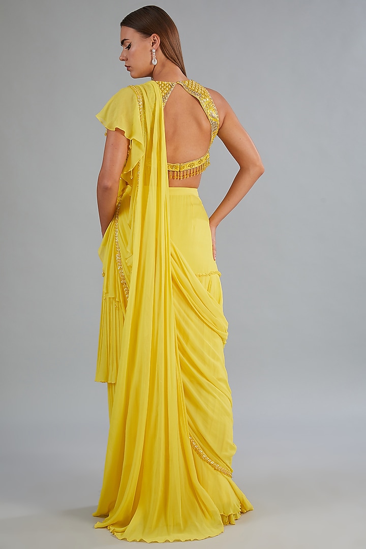 Yellow Tulle & Georgette Wedding Lehenga Saree Set by DiyaRajvvir at Pernia's Pop Up Shop