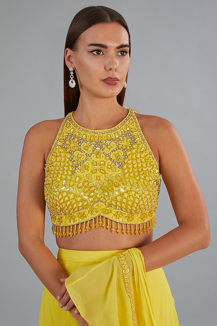 Yellow Tulle & Georgette Wedding Lehenga Saree Set by DiyaRajvvir at Pernia's Pop Up Shop