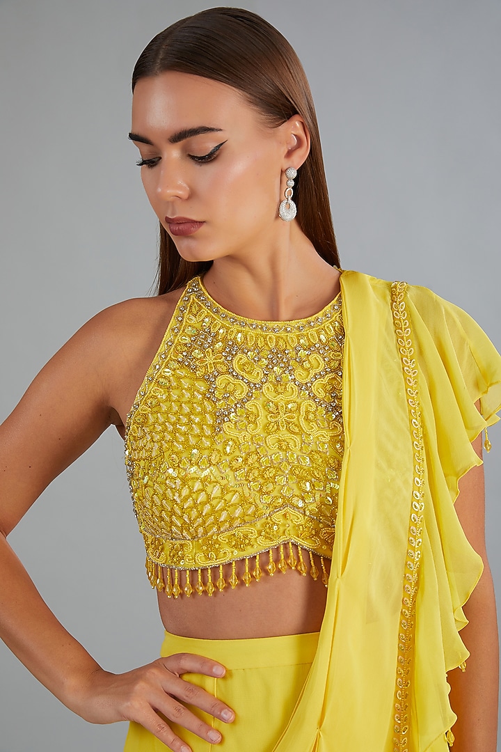 Yellow Tulle & Georgette Wedding Lehenga Saree Set by DiyaRajvvir at Pernia's Pop Up Shop