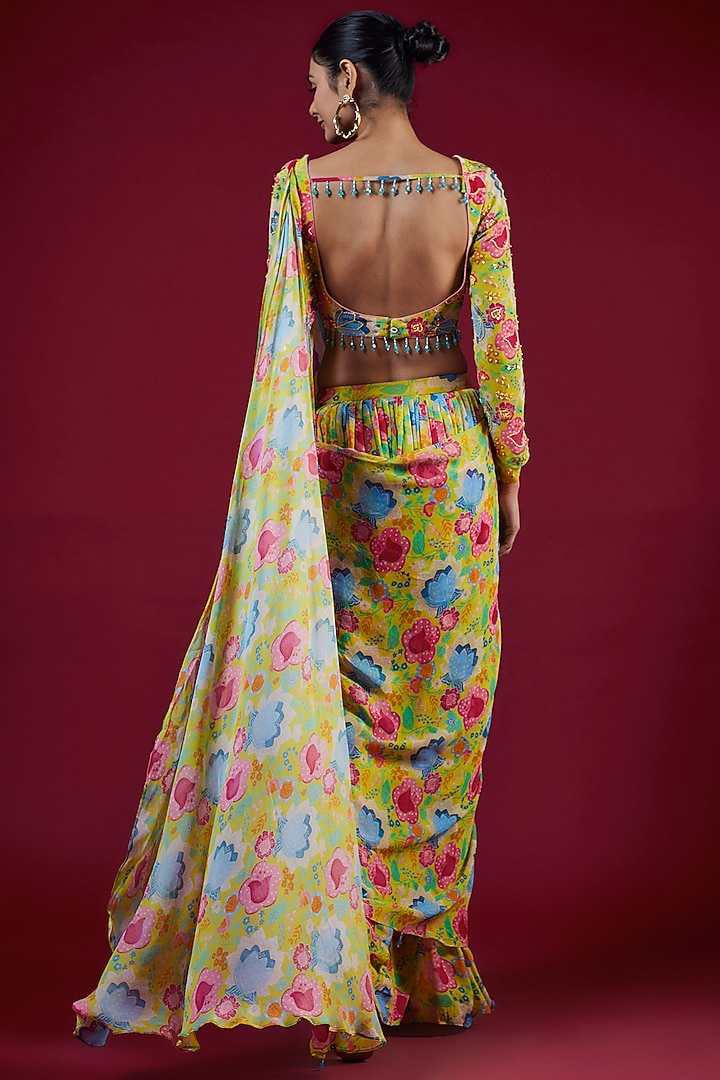Yellow Modal & Georgette Floral Jaal Printed Party Wear Lehenga Saree Set by DiyaRajvvir at Pernia's Pop Up Shop