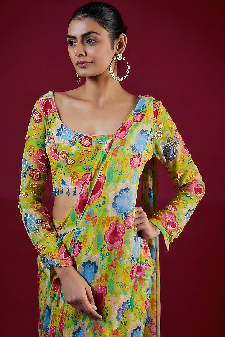 Yellow Modal & Georgette Floral Jaal Printed Party Wear Lehenga Saree Set by DiyaRajvvir at Pernia's Pop Up Shop