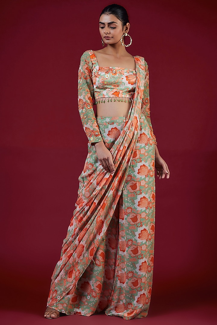 Mint Green Modal & Georgette Floral Jaal Digital Printed Sharara Pant Saree Set by DiyaRajvvir