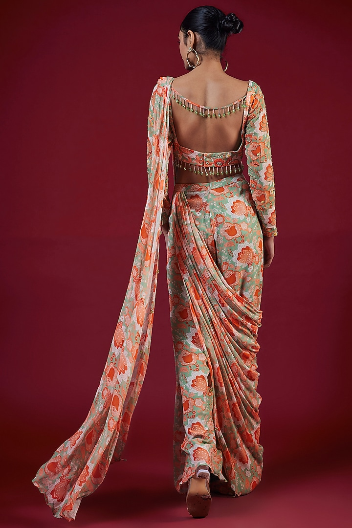 Mint Green Modal & Georgette Floral Jaal Digital Printed Sharara Pant Party Wear Saree Set by DiyaRajvvir at Pernia's Pop Up Shop