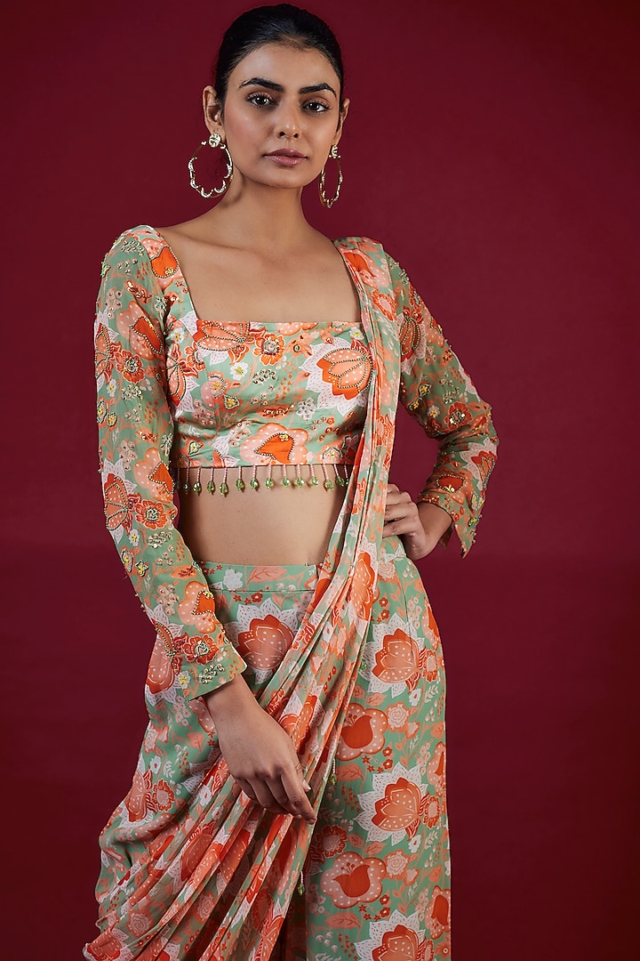 Mint Green Modal & Georgette Floral Jaal Digital Printed Sharara Pant Party Wear Saree Set by DiyaRajvvir at Pernia's Pop Up Shop