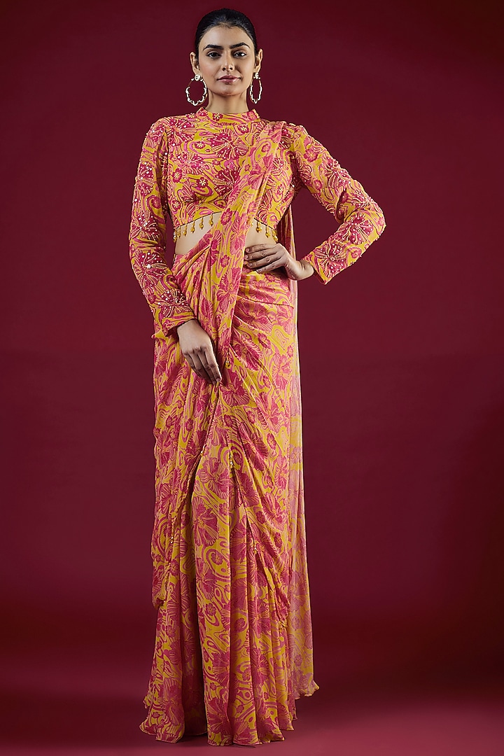 Pink Modal & Georgette Floral Jaal Digital Printed Lehenga Saree Set by DiyaRajvvir
