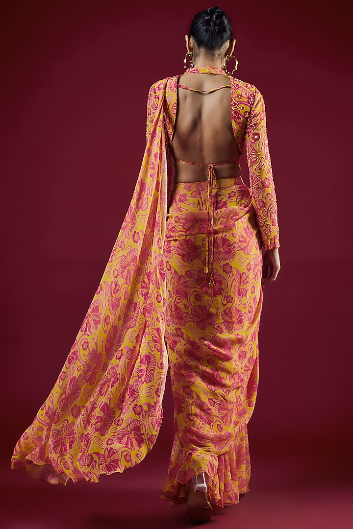 Pink Modal & Georgette Floral Jaal Digital Printed Party Wear Lehenga Saree Set by DiyaRajvvir at Pernia's Pop Up Shop