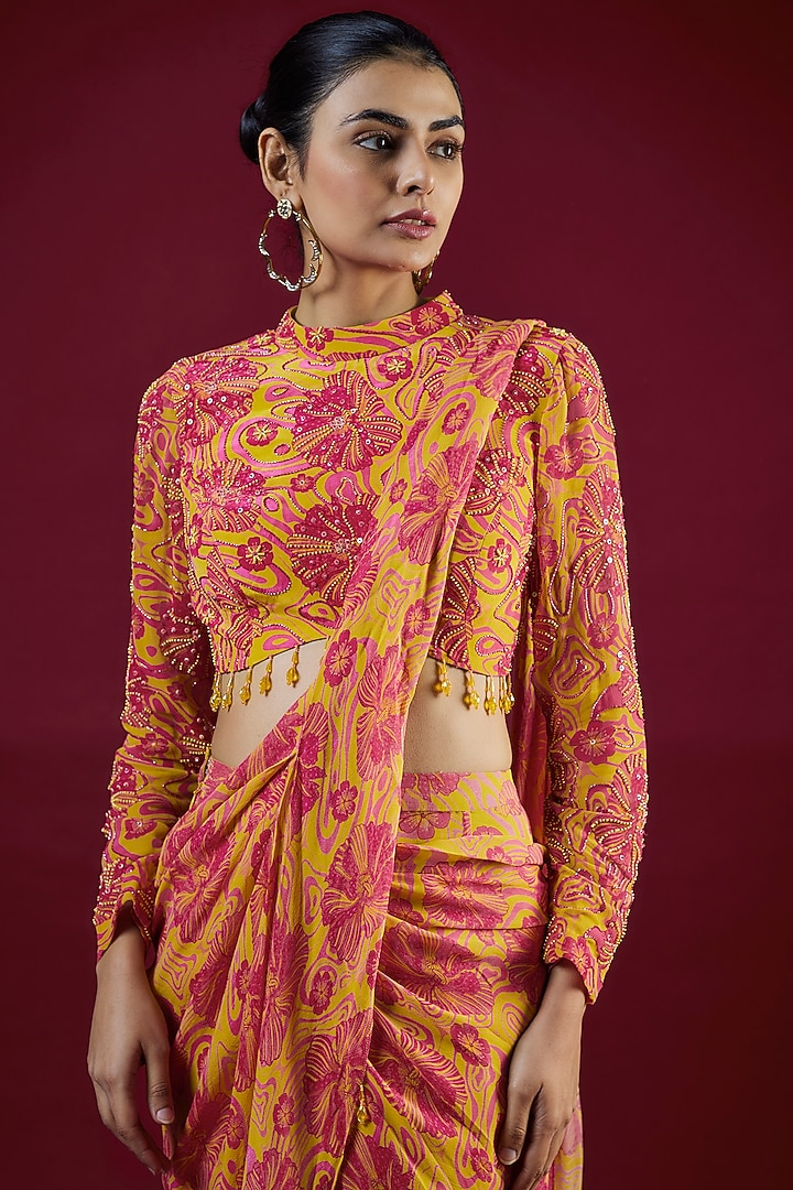 Pink Modal & Georgette Floral Jaal Digital Printed Party Wear Lehenga Saree Set by DiyaRajvvir at Pernia's Pop Up Shop