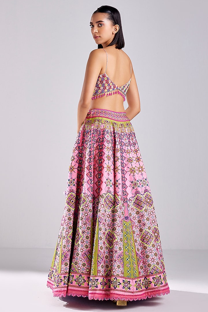 Onion Pink Cotton Silk Geometric Printed & Embroidered Wedding Lehenga Set by DiyaRajvvir at Pernia's Pop Up Shop