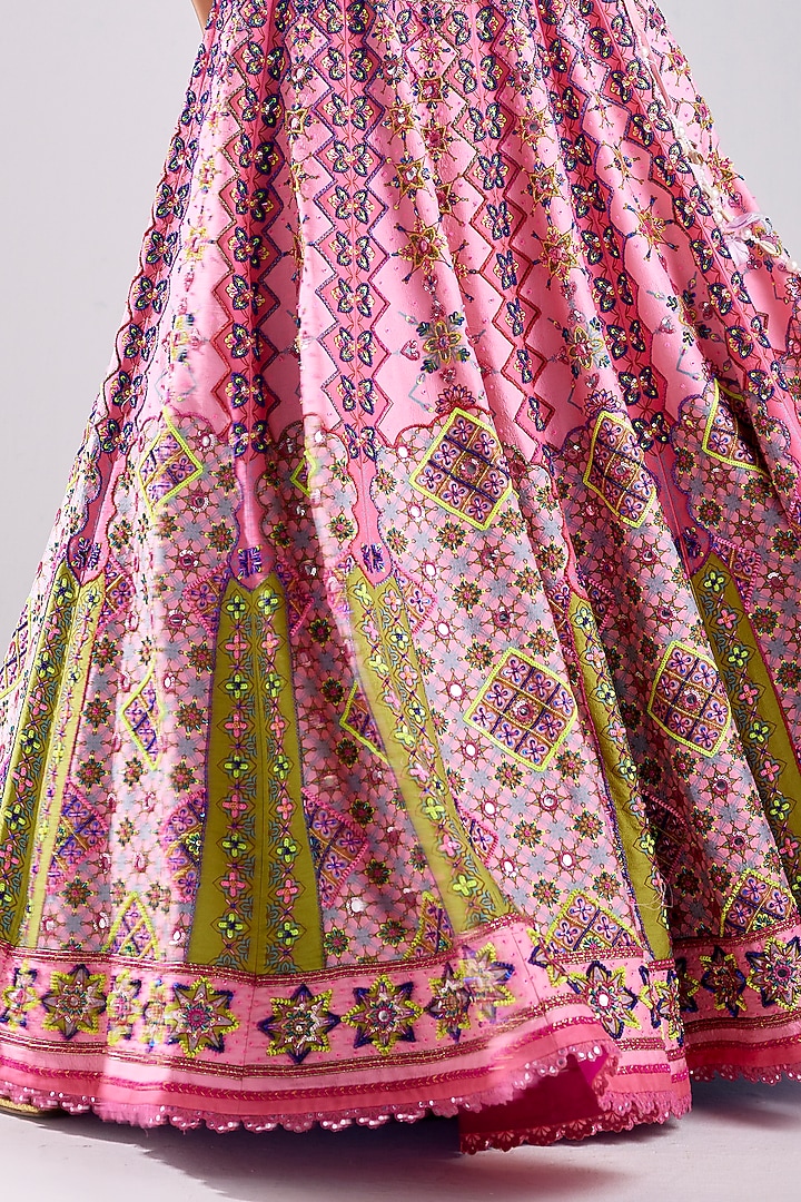 Onion Pink Cotton Silk Geometric Printed & Embroidered Wedding Lehenga Set by DiyaRajvvir at Pernia's Pop Up Shop