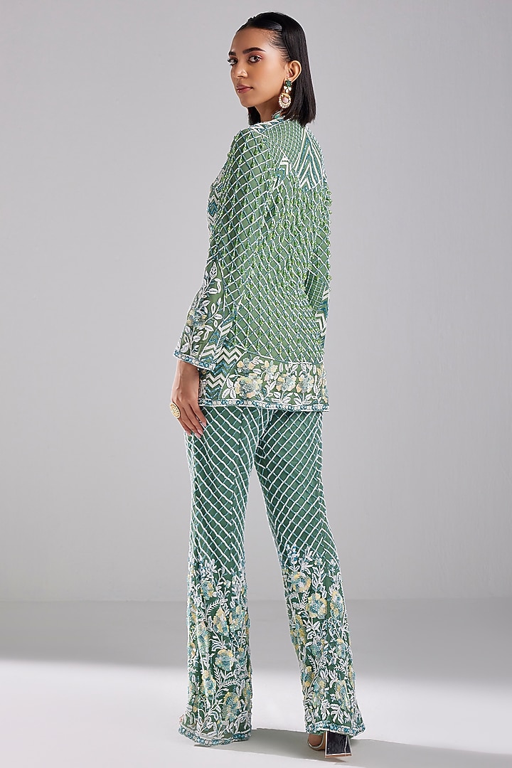Sage Green Tulle Motif Embroidered Blazer Set by DiyaRajvvir at Pernia's Pop Up Shop
