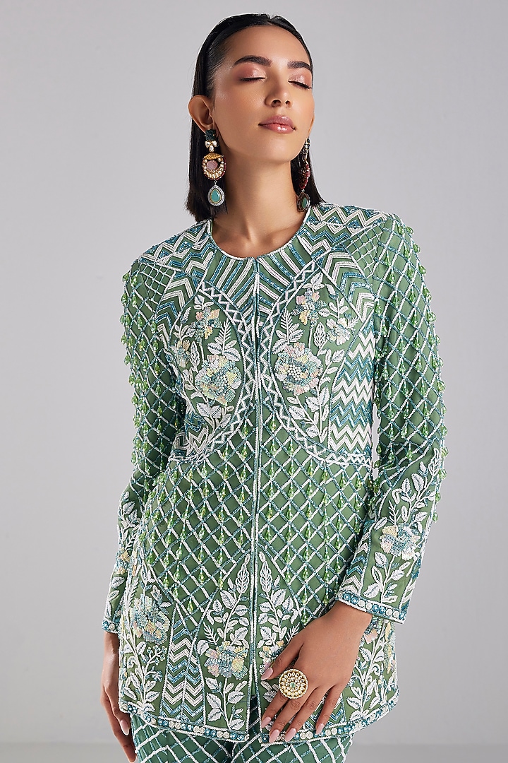 Sage Green Tulle Motif Embroidered Blazer Set by DiyaRajvvir at Pernia's Pop Up Shop