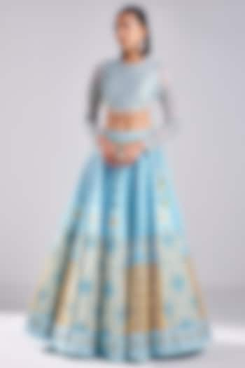 Powder Blue Tulle Geometric Print & Embroidered Wedding Lehenga Set by DiyaRajvvir at Pernia's Pop Up Shop