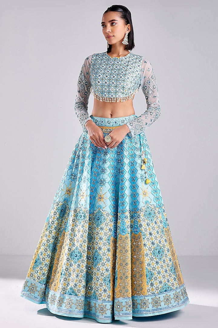 Powder Blue Tulle Geometric Print & Embroidered Wedding Lehenga Set by DiyaRajvvir at Pernia's Pop Up Shop