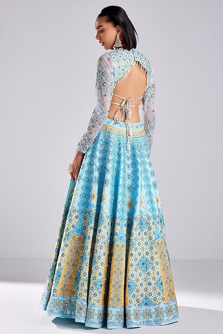 Powder Blue Tulle Geometric Print & Embroidered Wedding Lehenga Set by DiyaRajvvir at Pernia's Pop Up Shop