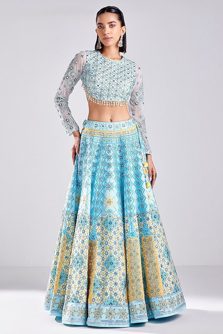 Powder Blue Tulle Geometric Print & Embroidered Wedding Lehenga Set by DiyaRajvvir at Pernia's Pop Up Shop