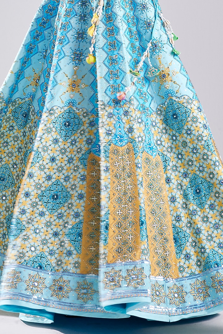 Powder Blue Tulle Geometric Print & Embroidered Wedding Lehenga Set by DiyaRajvvir at Pernia's Pop Up Shop