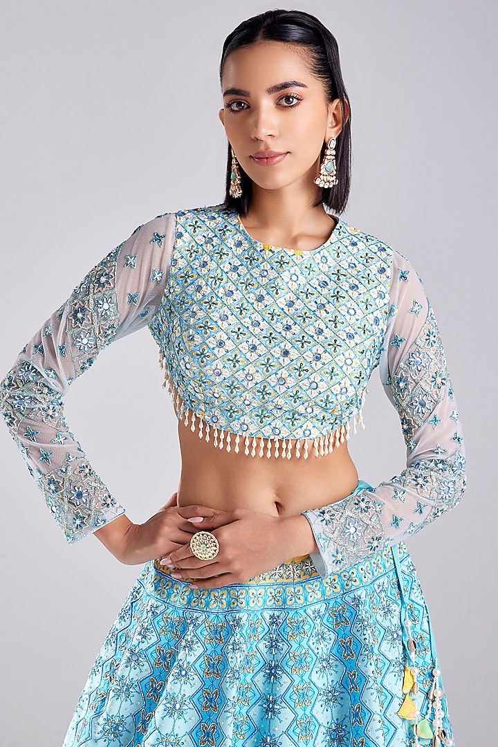 Powder Blue Tulle Geometric Print & Embroidered Wedding Lehenga Set by DiyaRajvvir at Pernia's Pop Up Shop