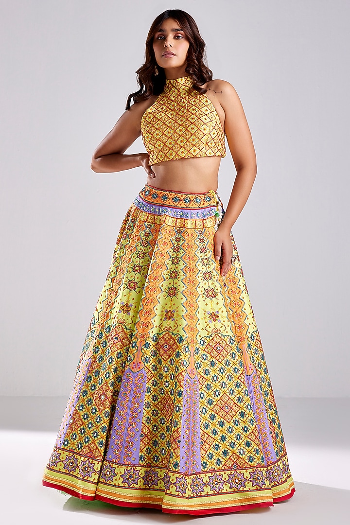 Canary Yellow Raw Silk Geometric Printed & Embroidered Wedding Lehenga Set by DiyaRajvvir at Pernia's Pop Up Shop