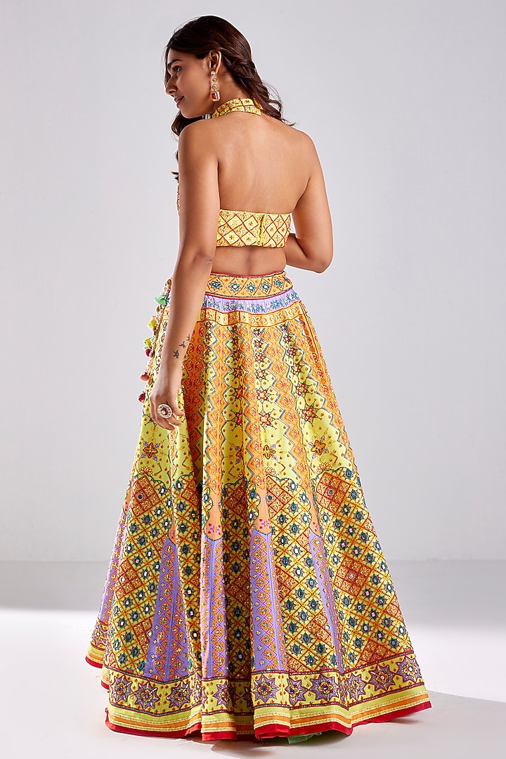 Canary Yellow Raw Silk Geometric Printed & Embroidered Wedding Lehenga Set by DiyaRajvvir at Pernia's Pop Up Shop