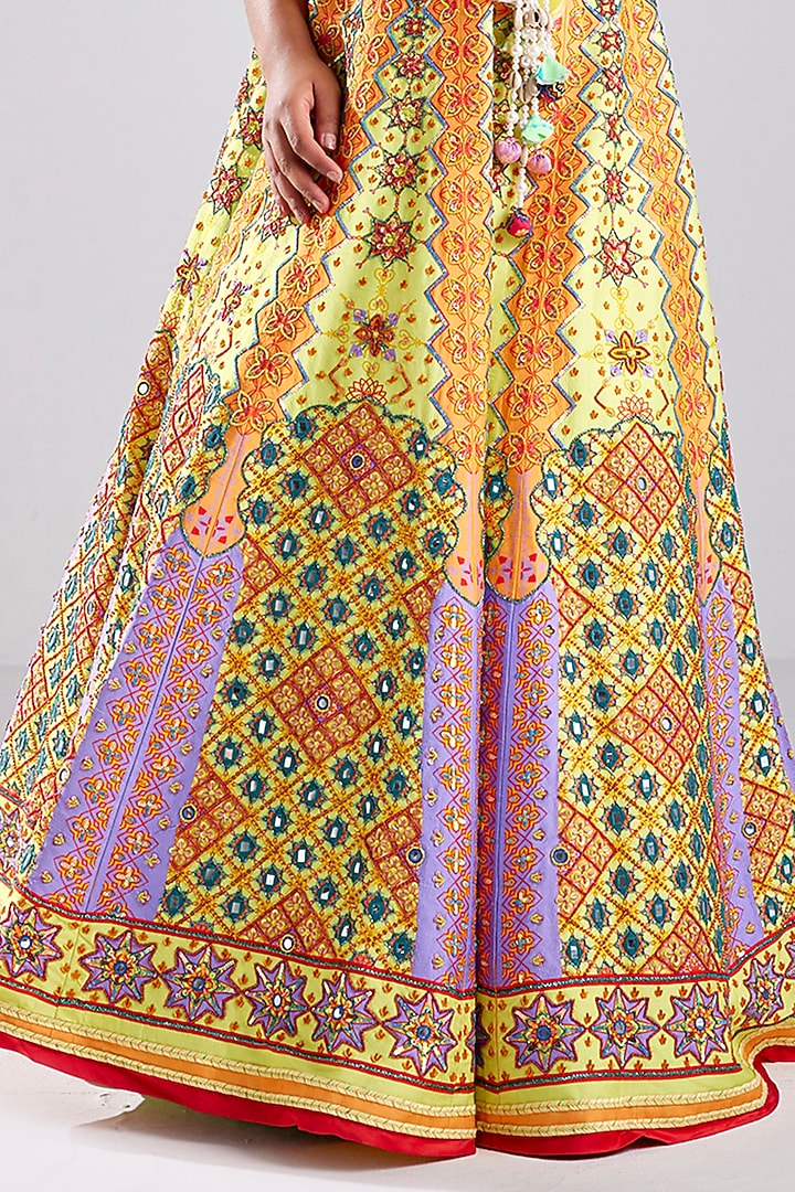 Canary Yellow Raw Silk Geometric Printed & Embroidered Wedding Lehenga Set by DiyaRajvvir at Pernia's Pop Up Shop