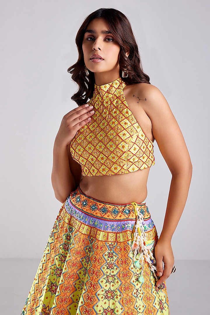Canary Yellow Raw Silk Geometric Printed & Embroidered Wedding Lehenga Set by DiyaRajvvir at Pernia's Pop Up Shop