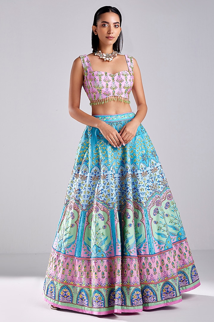 Aqua Blue Raw Silk Floral Printed & Embroidered Wedding Lehenga Set by ...