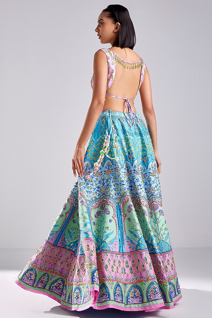 Aqua Blue Raw Silk Floral Printed & Embroidered Wedding Lehenga Set by DiyaRajvvir at Pernia's Pop Up Shop