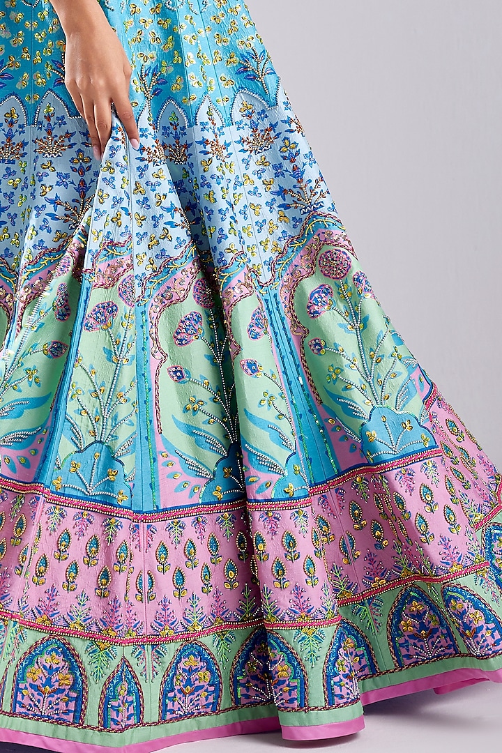 Aqua Blue Raw Silk Floral Printed & Embroidered Wedding Lehenga Set by DiyaRajvvir at Pernia's Pop Up Shop