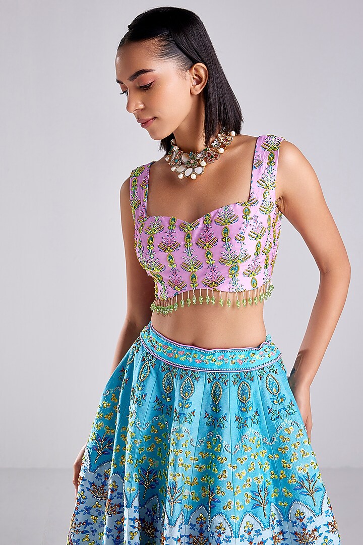 Aqua Blue Raw Silk Floral Printed & Embroidered Wedding Lehenga Set by DiyaRajvvir at Pernia's Pop Up Shop