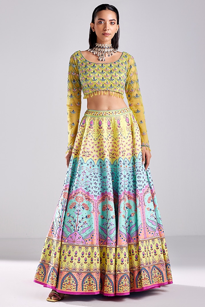 Pastel Yellow Raw Silk Floral Embroidered Wedding Lehenga Set by DiyaRajvvir at Pernia's Pop Up Shop